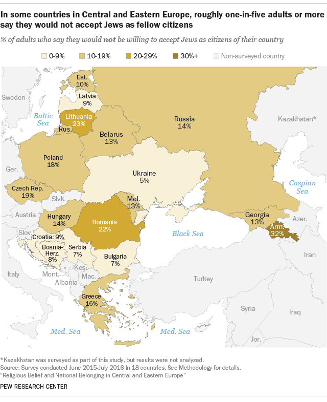 In some countries in Central and Eastern Europe, roughly one-in-five adults or more say they would not accept Jews as fellow citizens