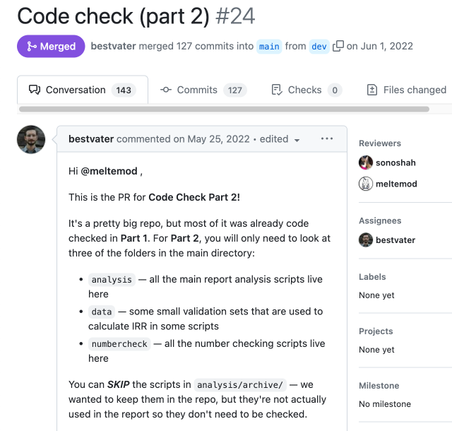A webpage displaying a GitHub conversation kicking off the second part of a code check with two reviewers and one assignee.
