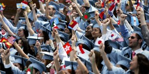 Students cheer during commencement ceremonies at Columbia University in New York City. (Spencer Platt/Getty Images)