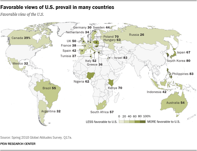 Map showing that favorable views of U.S. prevail in many countries