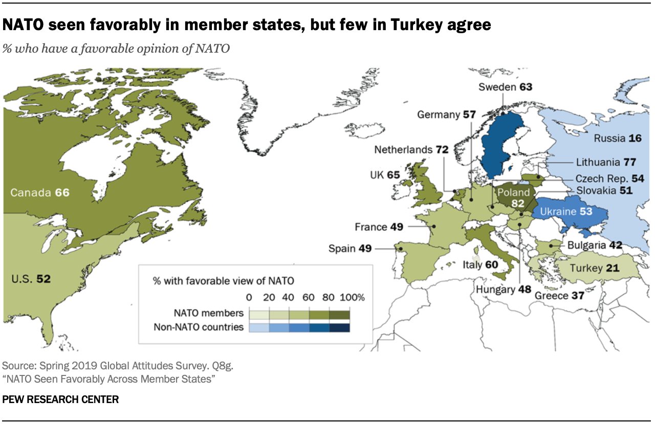 A map showing NATO seen favorably in member states, but few in Turkey agree