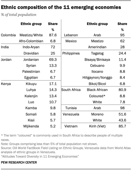 Ethnic composition of the 11 emerging economies
