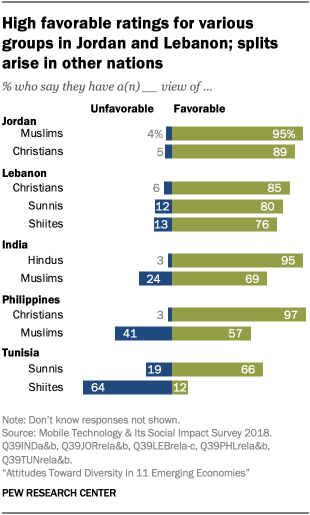 High favorable ratings for various groups in Jordan and Lebanon; splits arise in other nations