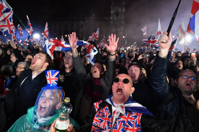 Brexit supporters celebrate in Parliament Square in London as the UK formally leaves the European Union on Jan. 31, 2020. (Jeff J Mitchell/Getty Images)