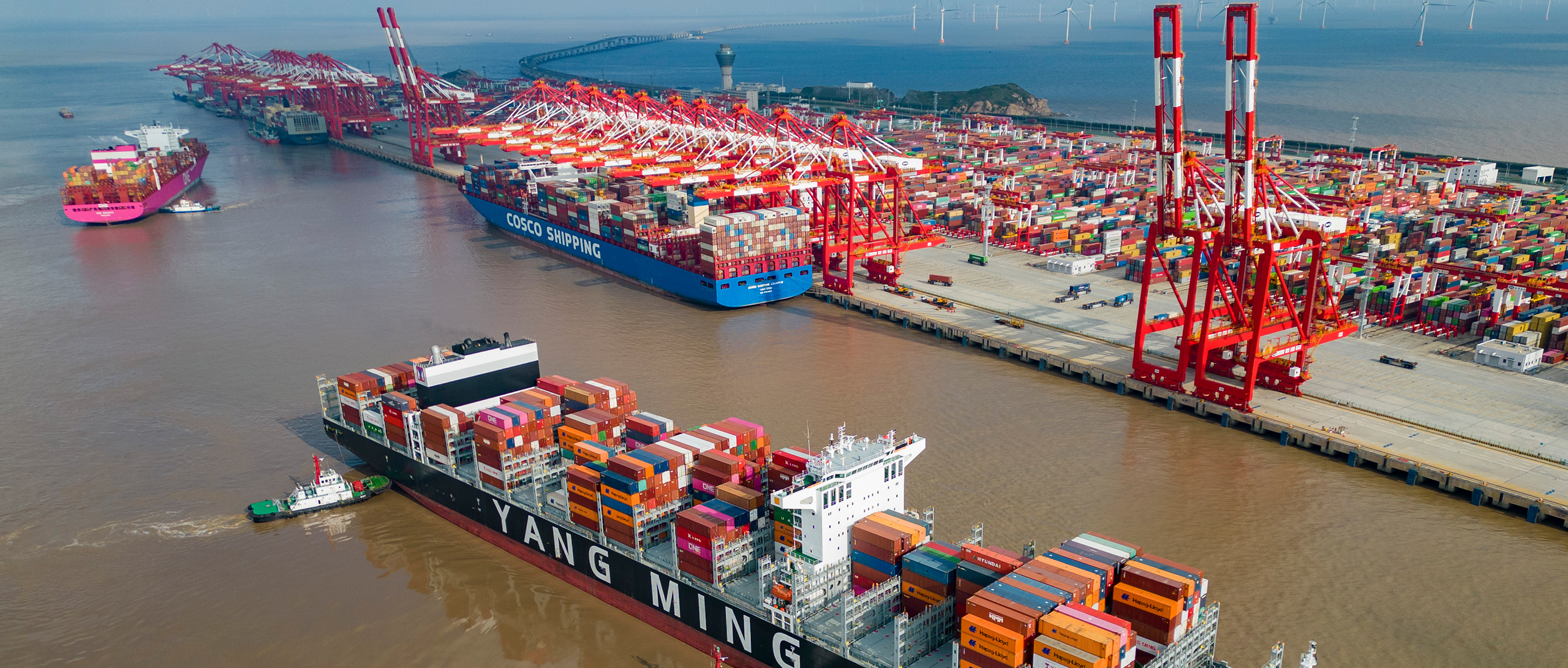 Photo showing container ships leave a deep-water wharf in Shanghai on Sept. 11. (CFOTO/Future Publishing via Getty Images)