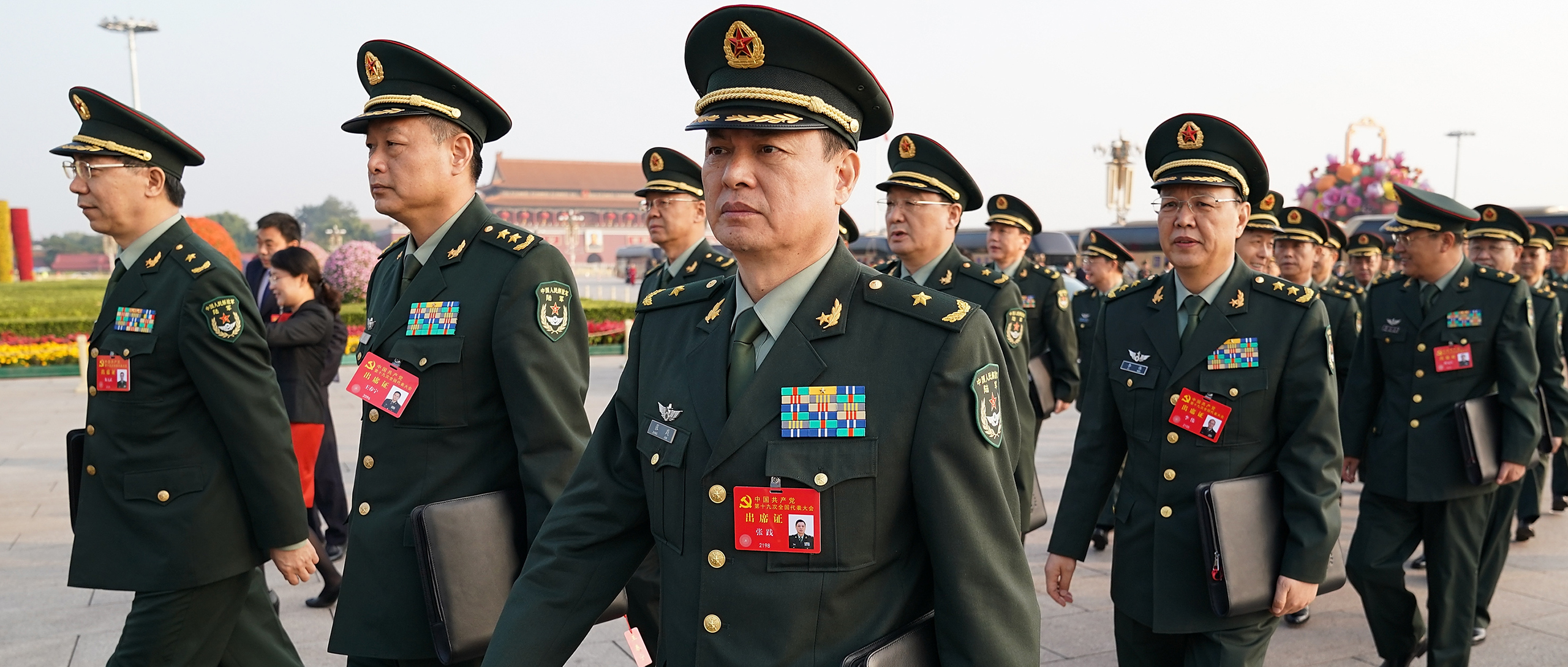 Photo showing members of the People's Liberation Army head to the closing of the 19th Communist Party Congress at Beijing's Great Hall of the People in 2017. (Lintao Zhang/Getty Images)