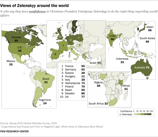 A map showing views of Zelenskyy around the world