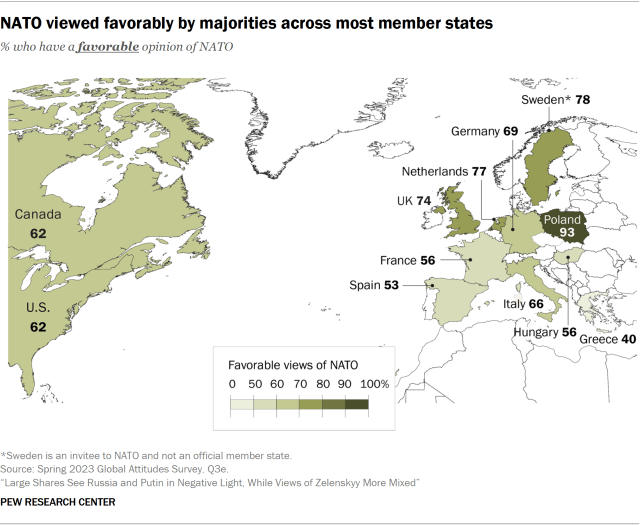 A map showing that NATO is viewed favorably by majorities across most member states