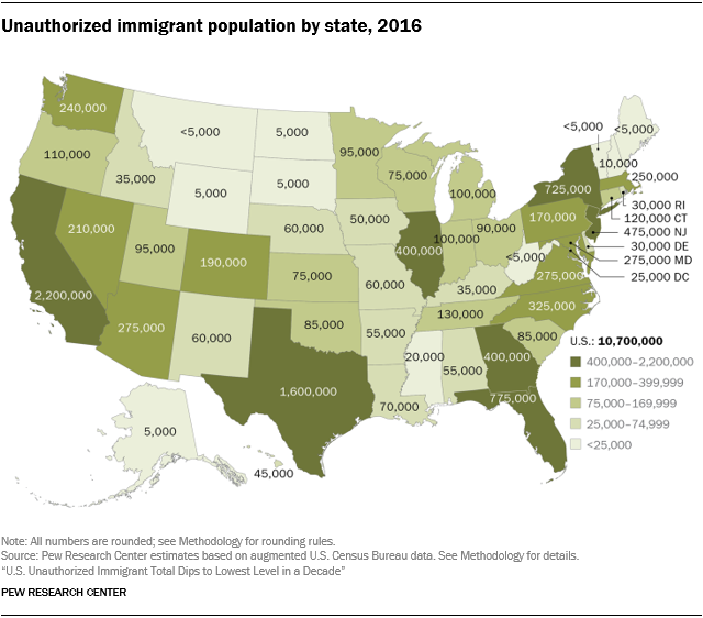 U.S. map showing the total unauthorized immigrant population by state, 2016.