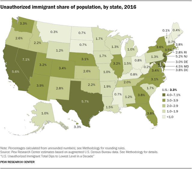 U.S. map showing the unauthorized immigrant share of the total population by state in 2016.