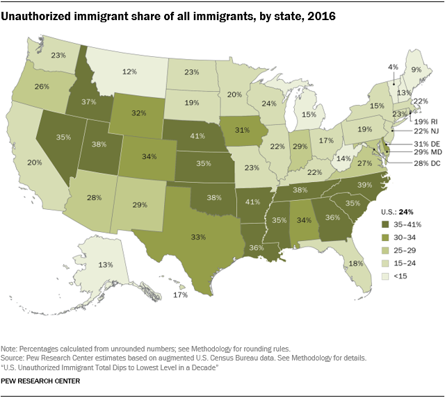 U.S. map showing the unauthorized immigrant share of all immigrants by state in 2016.
