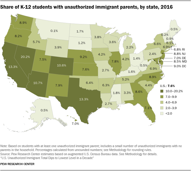 U.S. map showing the share of K-12 students with unauthorized immigrant parents by state in 2016.