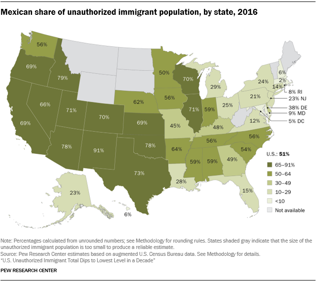U.S. map showing the Mexican share of the total unauthorized immigrant population by state in 2016.