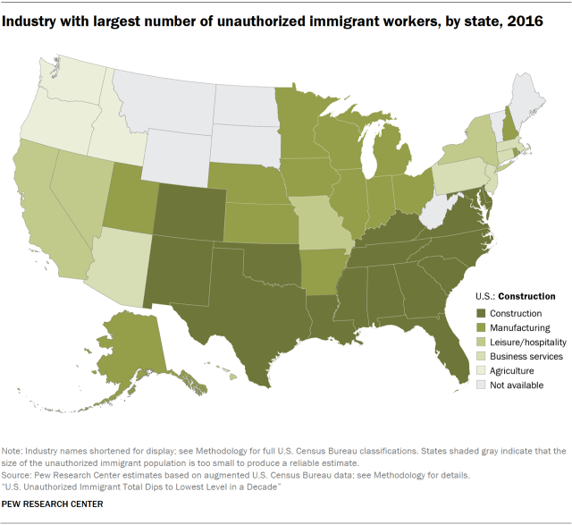 U.S. map showing the industry with the largest number of unauthorized immigrant workers by state in 2016.