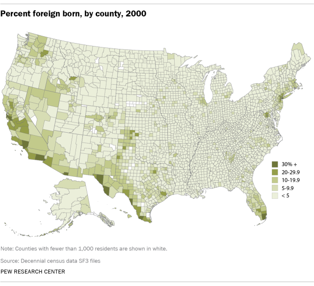 Percent foreign born, by county, 2000