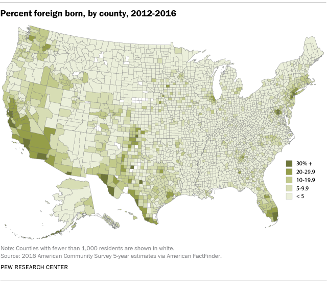 Percent foreign born, by county, 2012-2016