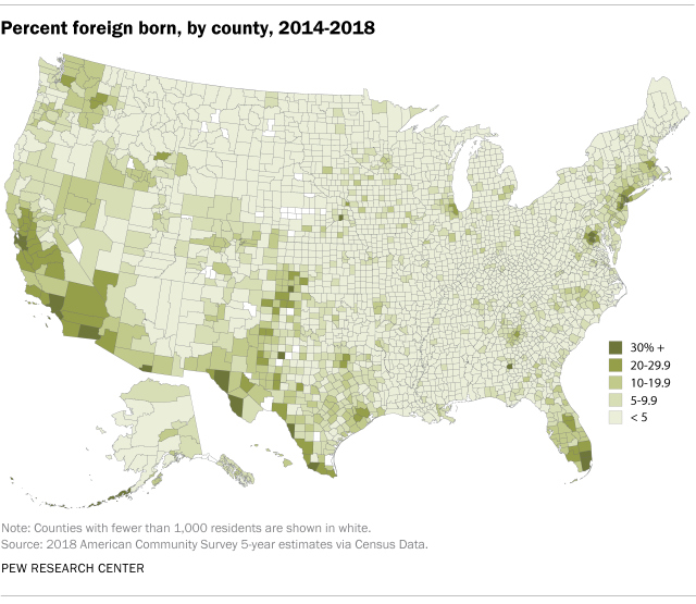 Percent foreign born, by county, 2014-2018