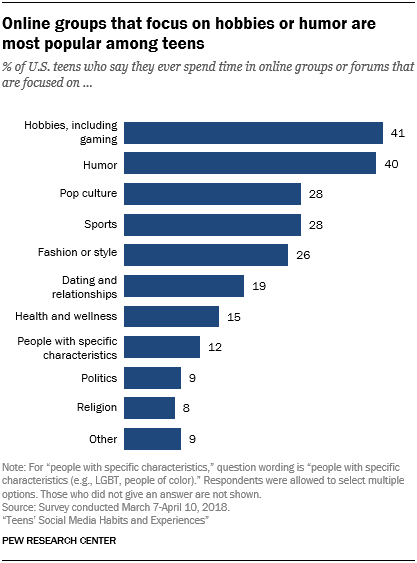 Online groups that focus on hobbies or humor are most popular among teens