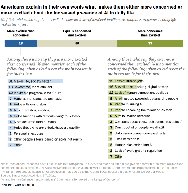 Chart showing Americans explain in their own words what makes them either more concerned or more excited about the increased presence of AI in daily life