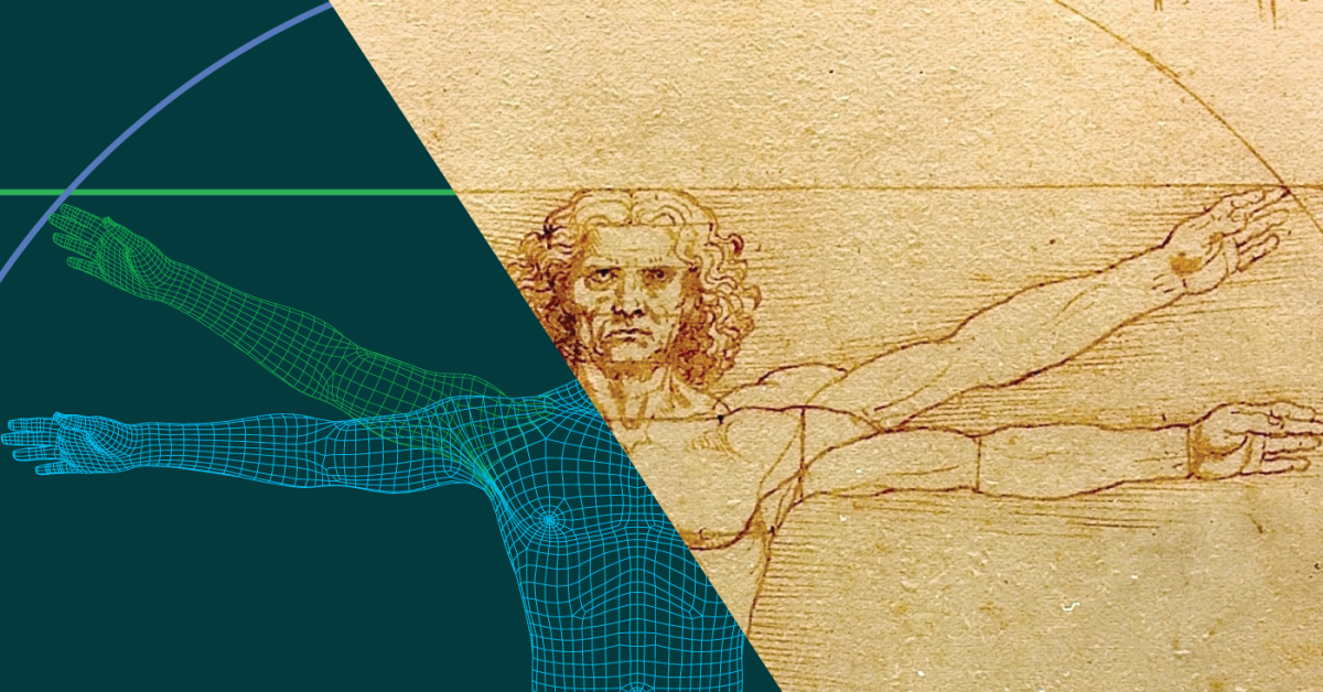 Illustration shows Vitruvian man drawing and a computer wireframe