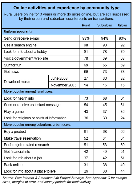 Online activities and experience by community type