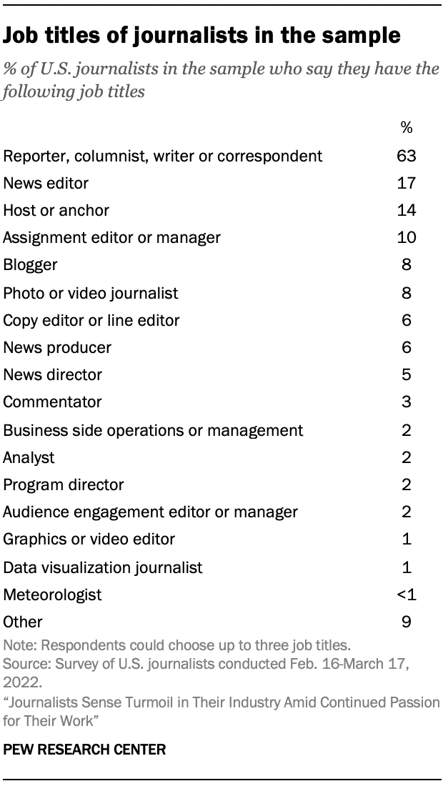 A table showing Job titles of journalists in the sample