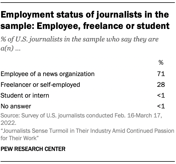 A table showing Employment status of journalists in the sample: Employee, freelance or student