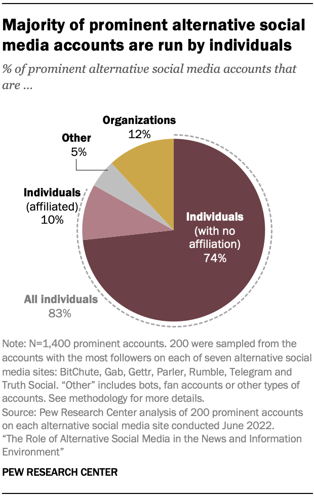 A chart showing that Majority of prominent alternative social media accounts are run by individuals