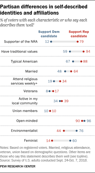 Partisan differences in self-described identities and affiliations