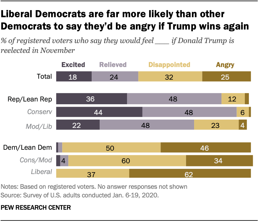 Chart shows liberal Democrats are far more likely than other Democrats to say they’d be angry if Trump wins again