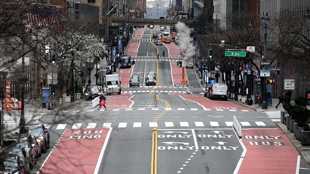 A nearly empty 42nd Street in New York City on March 25. (Angela Weiss/AFP via Getty Images)