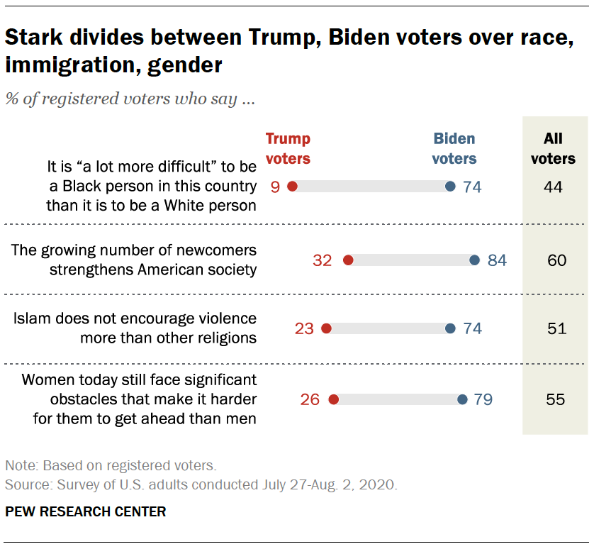 Stark divide tra Trump, Biden voters over race, immigration, gender