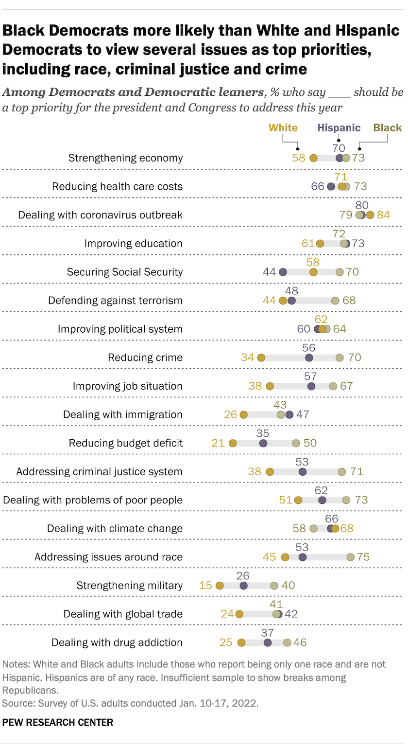 Black Democrats more likely than White and Hispanic Democrats to view several issues as top priorities, including race, criminal justice and crime 