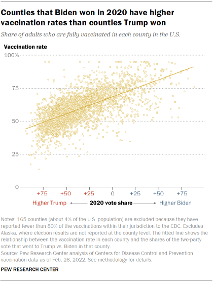 The graph shows counties that Biden won in 2020 have higher vaccination rates than counties Trump won