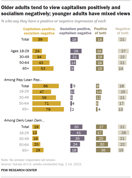 Chart shows older adults tend to view capitalism positively and socialism negatively; younger adults have mixed views