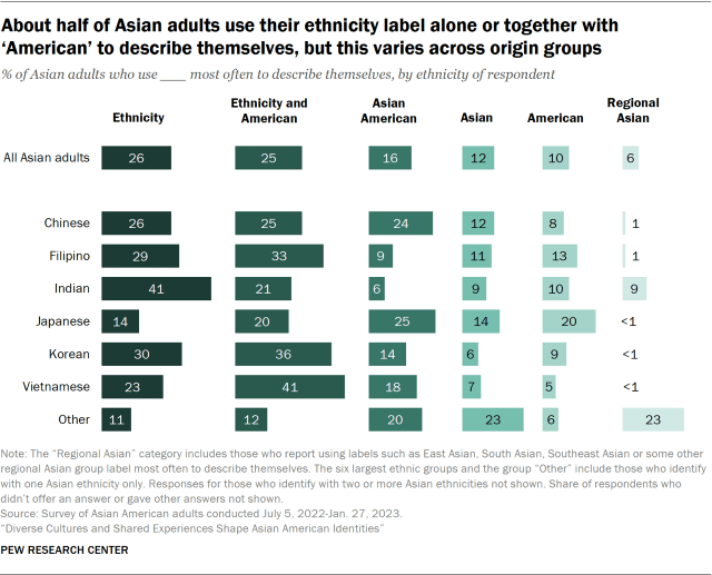 Bar chart showing about half of Asian adults use their ethnicity label alone or together with ‘American’ to describe themselves, but this varies across origin groups 
