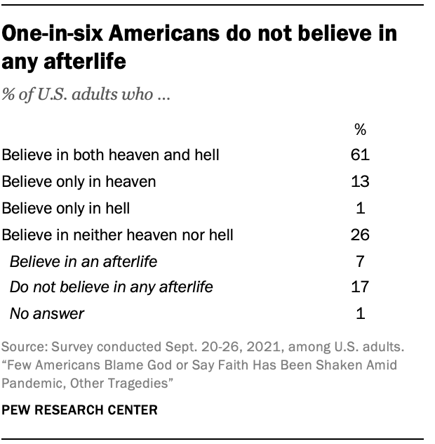 One-in-six Americans do not believe in any afterlife 