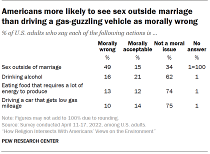 Chart shows Americans more likely to see sex outside marriage than driving a gas-guzzling vehicle as morally wrong