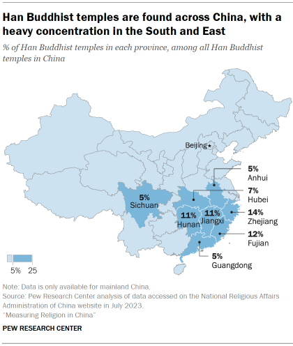 Chart shows Han Buddhist temples are found across China, with a heavy concentration in the South and East