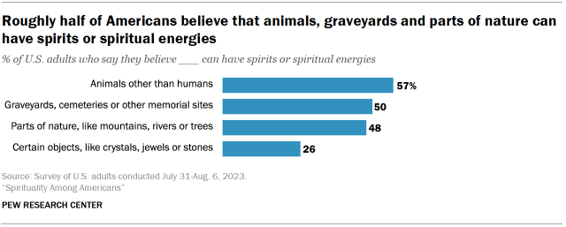 Chart shows roughly half of Americans believe that animals, graveyards and parts of nature can have spirits or spiritual energies