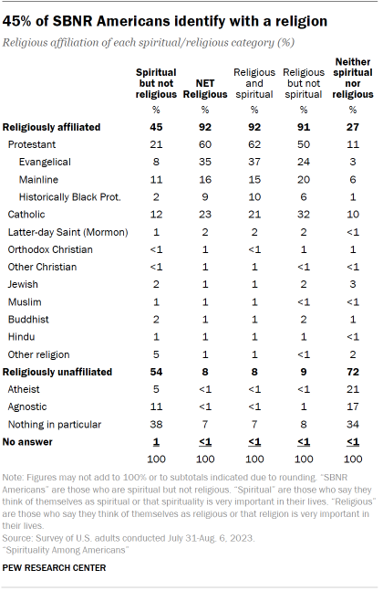 Table shows 45% of SBNR Americans identify with a religion