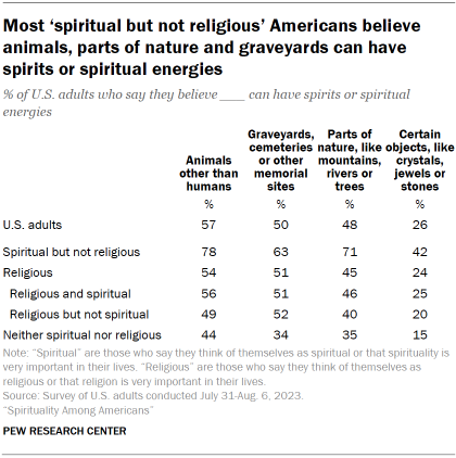 Table shows most ‘spiritual but not religious’ Americans believe animals, parts of nature and graveyards can have spirits or spiritual energies