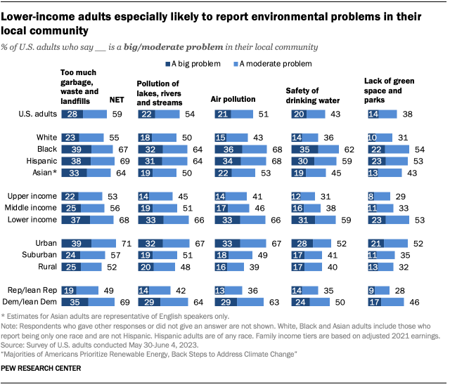 A chart showing that lower-income adults especially likely to report environmental problems in their local community.