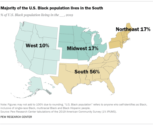 Map showing that the majority of the U.S. Black population lives in the South