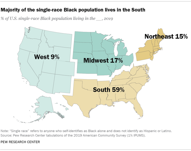 Map showing that the majority of the single-race Black population lives in the South