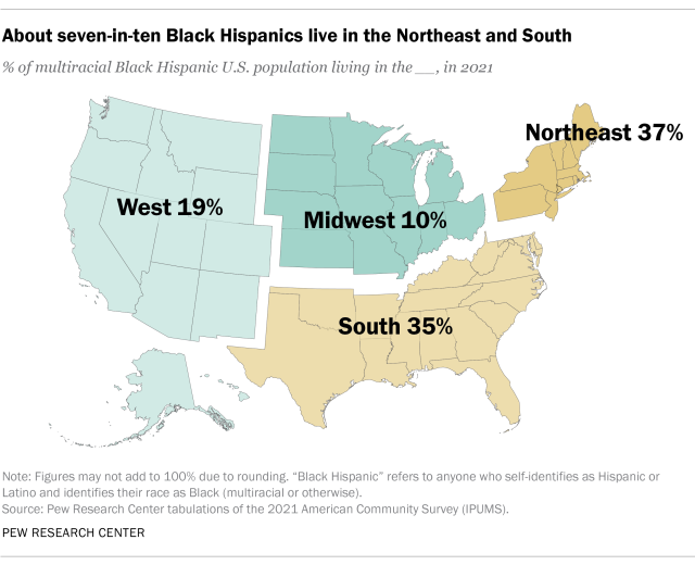A map showing that about seven-in-ten Black Hispanics live in the Northeast and South