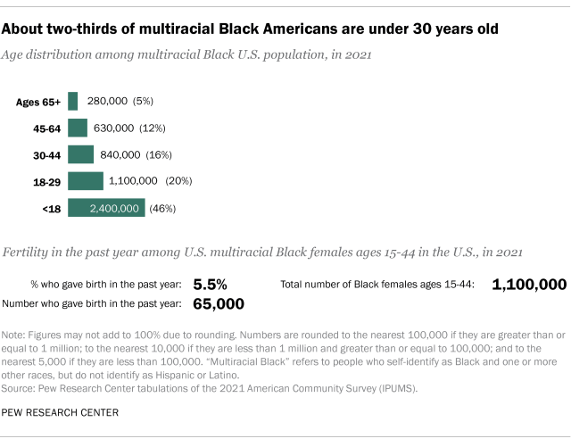 A bar chart showing about two-thirds of multiracial Black Americans are under 30 years old