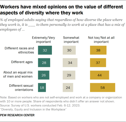 Bar charts showing workers have mixed opinions on the value of different aspects of diversity where they work