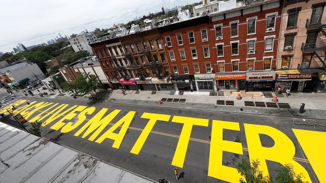 A Black Lives Matter mural painted on Fulton Street in Brooklyn, New York City, in June 2020. (John Lamparski/SOPA Images/LightRocket via Getty Images)