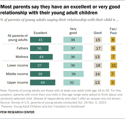 Bar chart showing most parents say they have an excellent or very good relationship with their young adult children